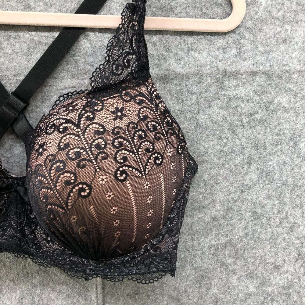Prima Valentina Plunge Bra Black Blush Pink Lace Layer Size 40DD Lined Racerback - Picture 3 of 12